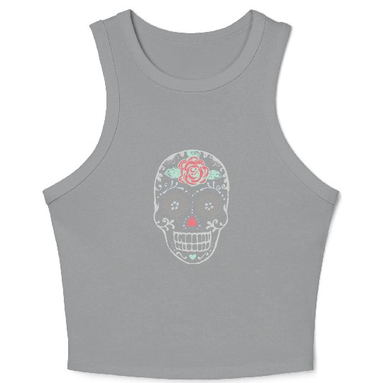 Sugar Skull With Red Rose On Forehead Crop Tank Top