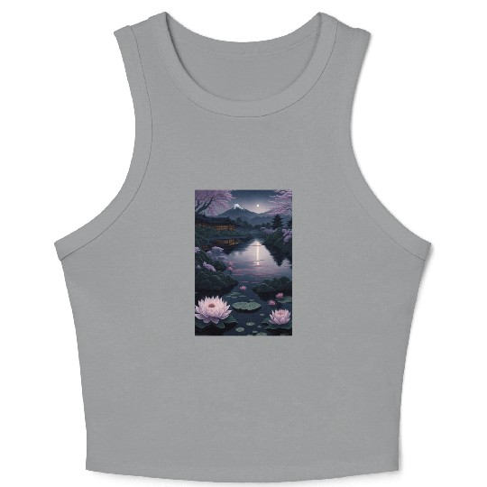 Asia Landscape by night Serene Mount Fuji Crop Tank Top