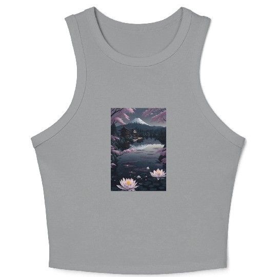 Asia Landscape by night Serene Mount Fuji Crop Tank Top