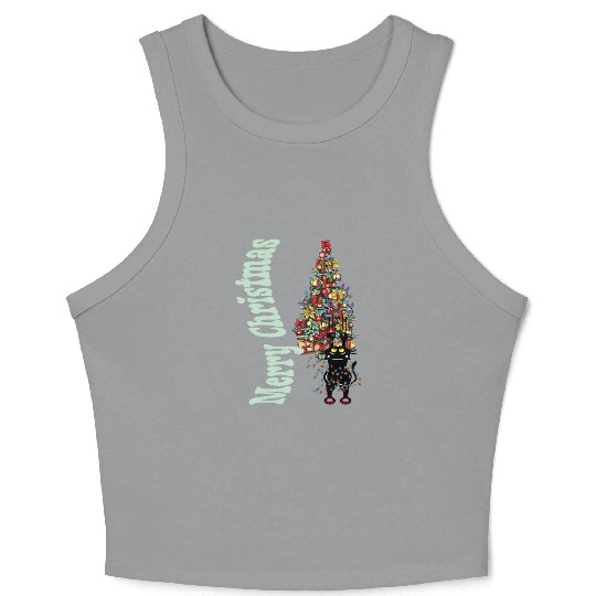 Cat Tangled In the Christmas Tree Lights Crop Tank Top