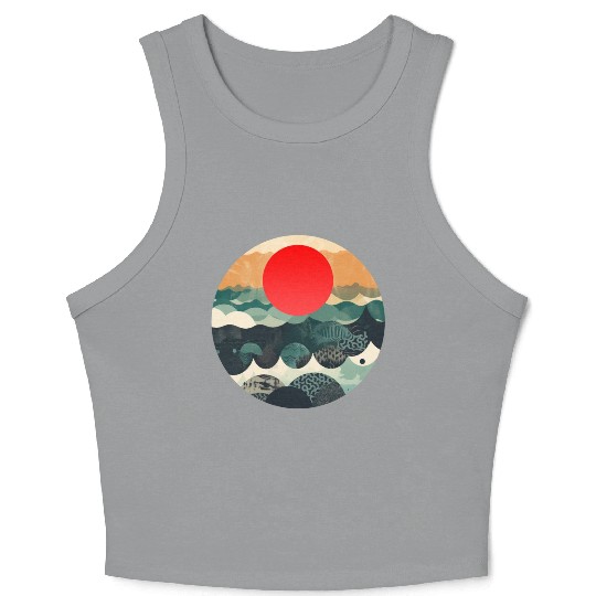 Red sun Japanese Art Inspired Patterned Ocean Crop Tank Top