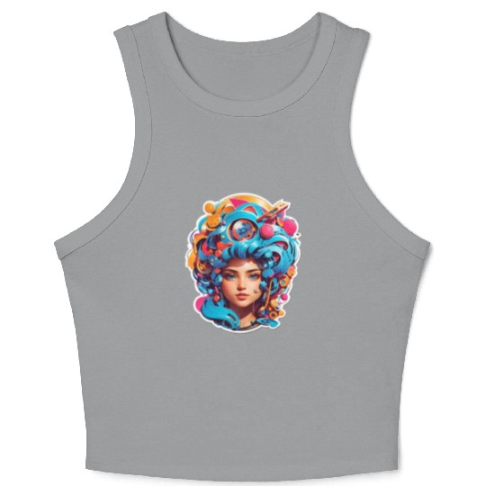 Psychedelic girl with multi color hair. futuristic Crop Tank Top
