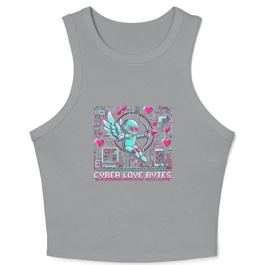 Cyber Love Bytes 8bit Cupid Robot and Neon Hearts Crop Tank Top