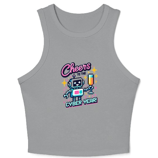 Retro Robot New Year's Toast - Cyber Champagne Fun Crop Tank Top