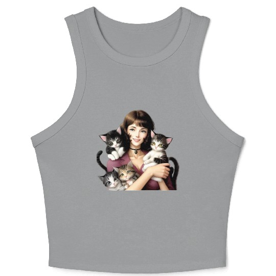 Pretty Cat Lady with Cute Kittens Crop Tank Top
