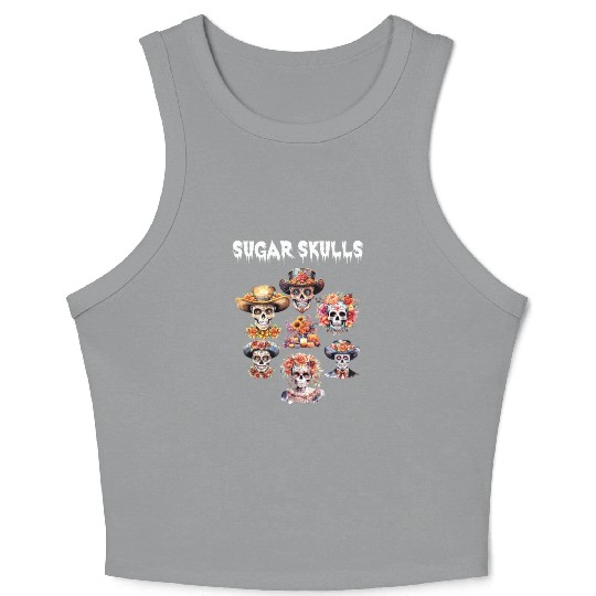 Vintage Mexican Day of the Dead Art Sugar Skulls Crop Tank Top