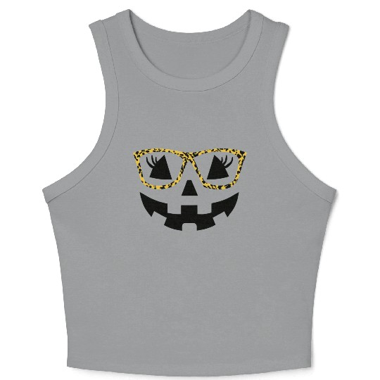 Jack O Lantern Cute Face Pumpkin with Leopard Prin Crop Tank Top