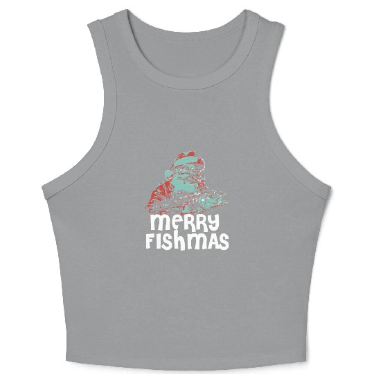 Funny Santa Claus Fishing Merry Fishmas Christmas Crop Tank Top