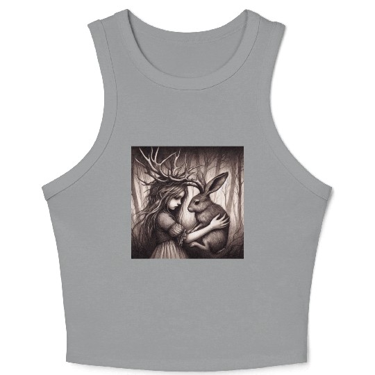 Illustration of Girl with Jackalope Crop Tank Top