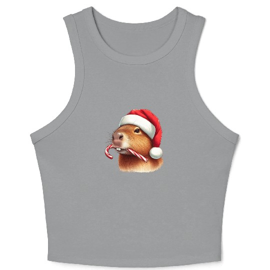 Festive capybara with candy cane Crop Tank Top