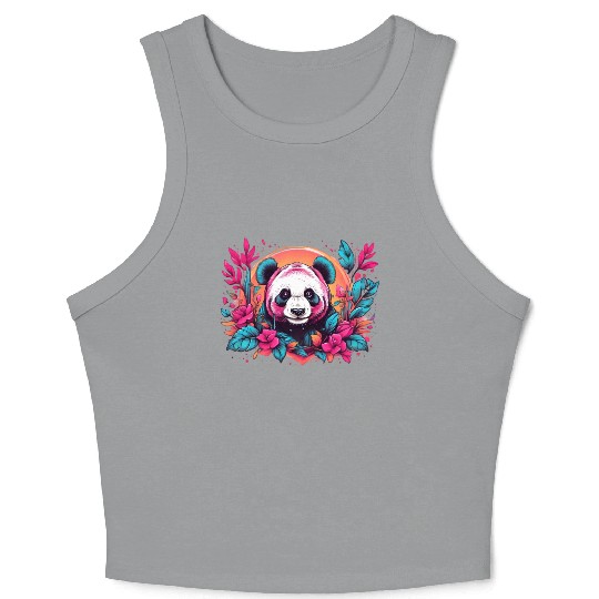 Retro panda with neon nature floral vintage sunset Crop Tank Top