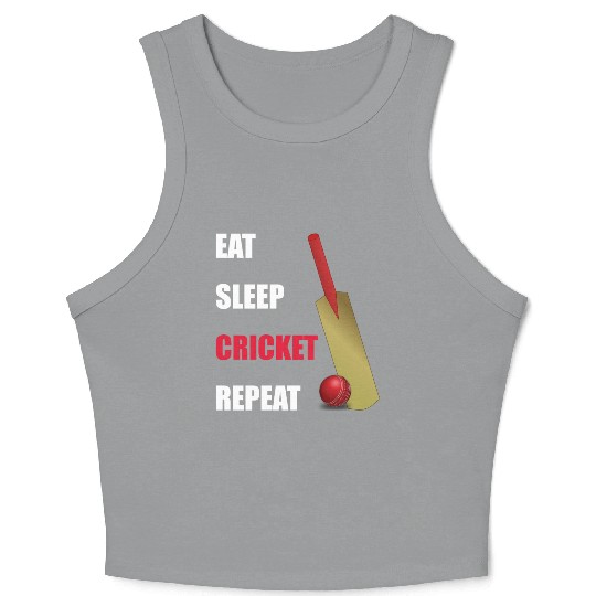 Eat Sleep Cricket Repeat Red and White Text Crop Tank Top