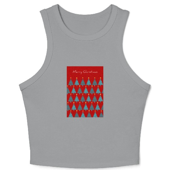 Merry Christmas Teal Christmas Trees on Red Crop Tank Top