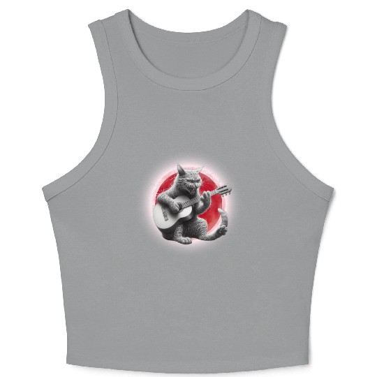 Rock Cat Playing Guitar Crop Tank Top under the red moon