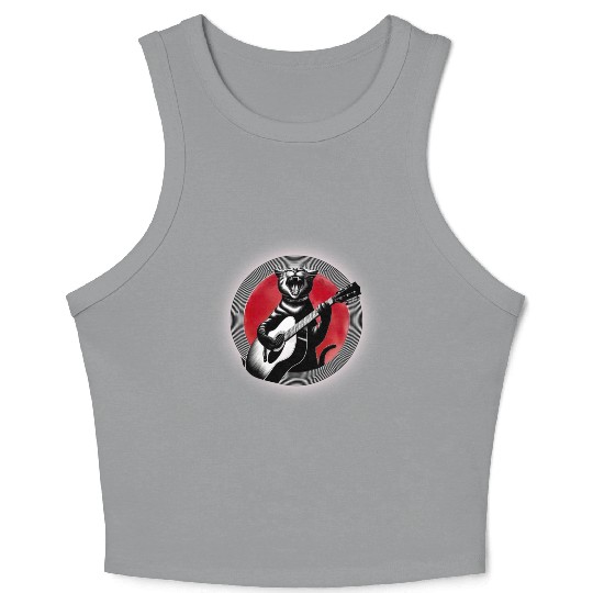 Rock Cat Playing Guitar Crop Tank Top under the red moon