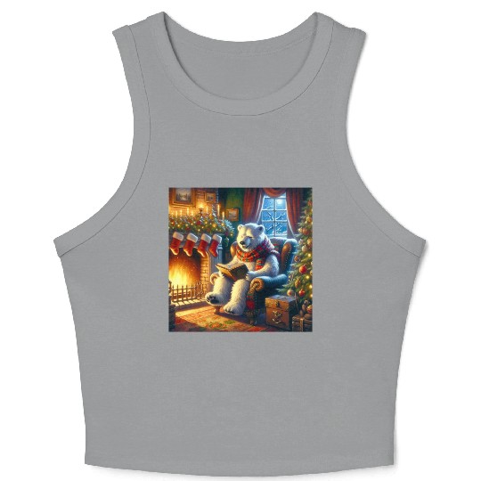 Winter Tales-Merry Cozy Bear Reading by Fireplace Crop Tank Top