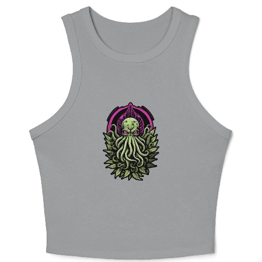 Colorful Cthulhu Crop Tank Top with Marijuana Leaves