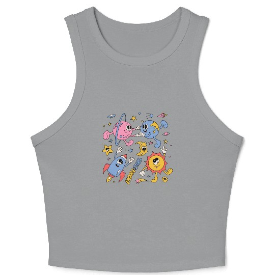 Solar System Planets Moon Sun Saturn Cute Groovy Crop Tank Top