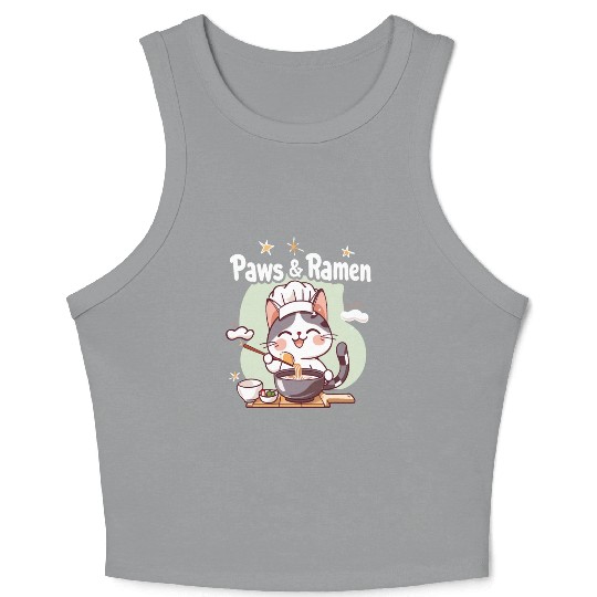 Paws and Ramen Funny Cats Animal Sayings Crop Tank Top