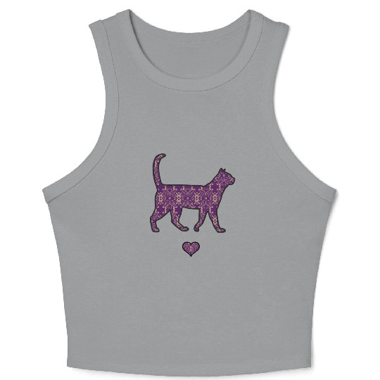 Purple Cat Damask Style Love Heart Cute Silhouette Crop Tank Top
