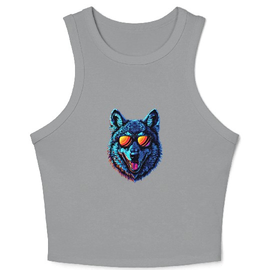 Cool Wolf Face Blue Wolf Wearing Sunglasses Crop Tank Top