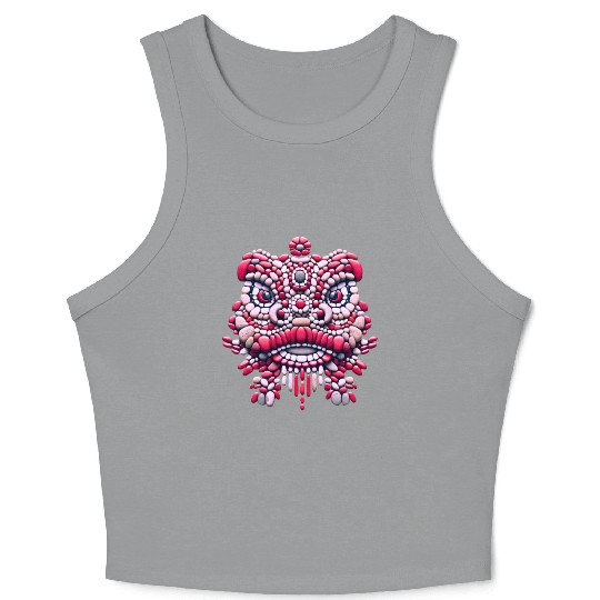 Chinese New Year - Pink Peony Lion Dance Mask Crop Tank Top