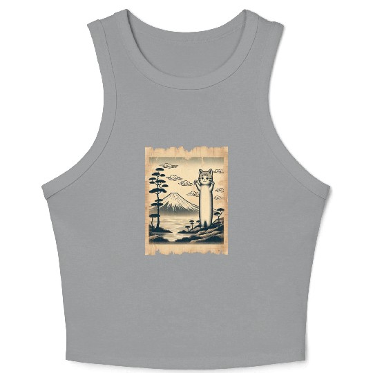 Mt. Fuji Kitten Papyrus Scroll Retro Japanese Art Crop Tank Top