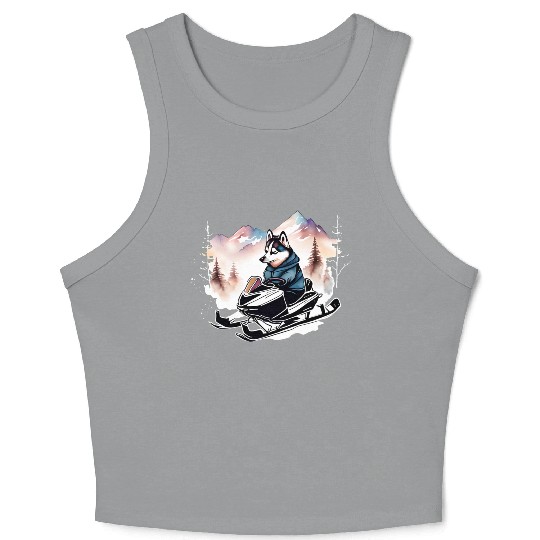 Husky Riding Snowmobile In Mountains Crop Tank Top