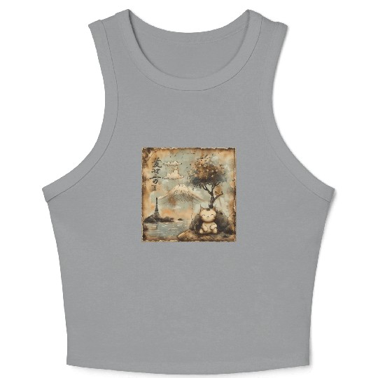 Mt. Fuji Kitten Papyrus Scroll Retro Japanese Art Crop Tank Top