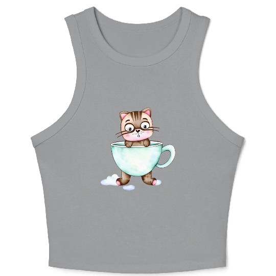 Surprised Silly Cat Wearing Coffee Cup Crop Tank Top