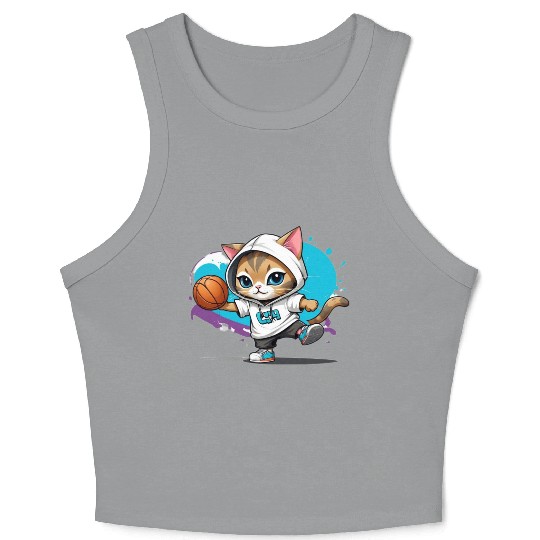 cute cat in Crop Tank Top is playing basketba in graffiti