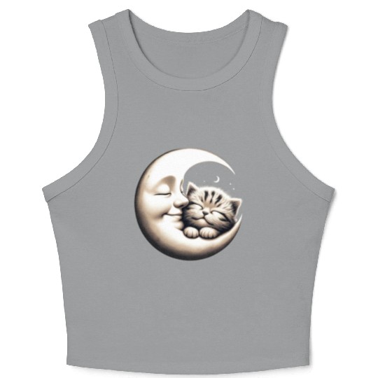 Peaceful Kitten and Moon Embrace Crop Tank Top