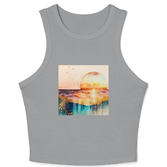 Sunset Beach Watercolor Painting Crop Tank Top