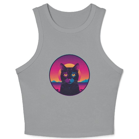 Synthwave Black Cat Crop Tank Top