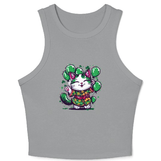 Kawaii St Patricks Day Cat With Balloons Crop Tank Top