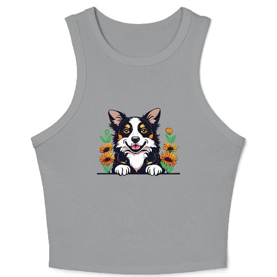 Happy Border Collie Dog With Flowers Crop Tank Top