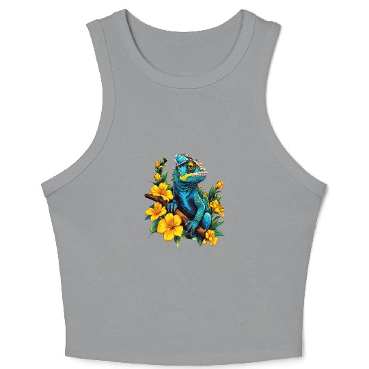 Chameleon on a Branch Surrounded by Flowers Crop Tank Top