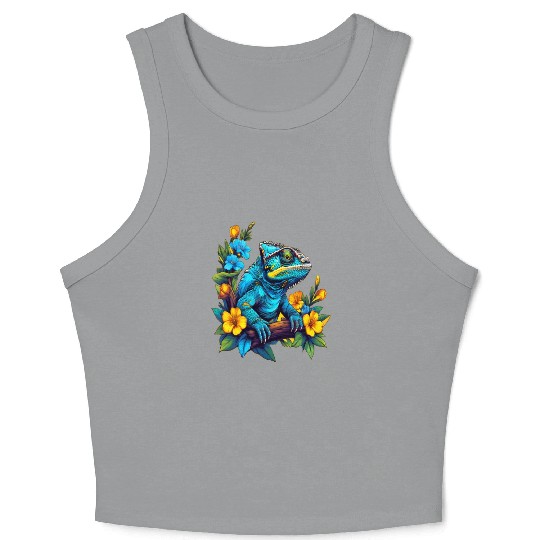 Chameleon Sitting on Branch Surrounded by Flowers Crop Tank Top