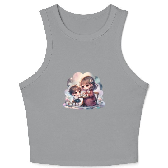 Mother and Son Enjoying a Cozy Tea Party Crop Tank Top