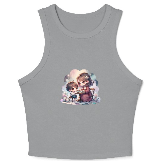 Mother and Son Enjoying a Cozy Tea Party Crop Tank Top