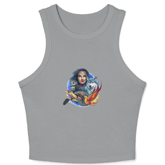 Wildlife Tribal Wolf Owl Turtle Woman for a Crop Tank Top