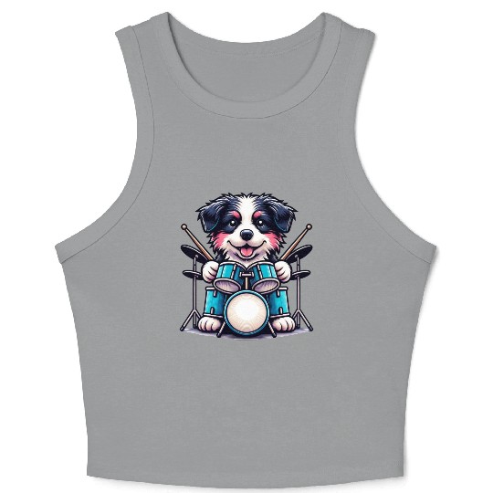 Cool Border Collie Drummer Puppy Design Crop Tank Top