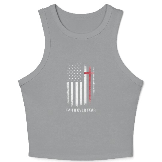 US USA Flag American Faith Over Fear Cross Crop Tank Top