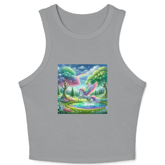 Enchanted Rainbow Unicorn Over Sparkling Pond Crop Tank Top