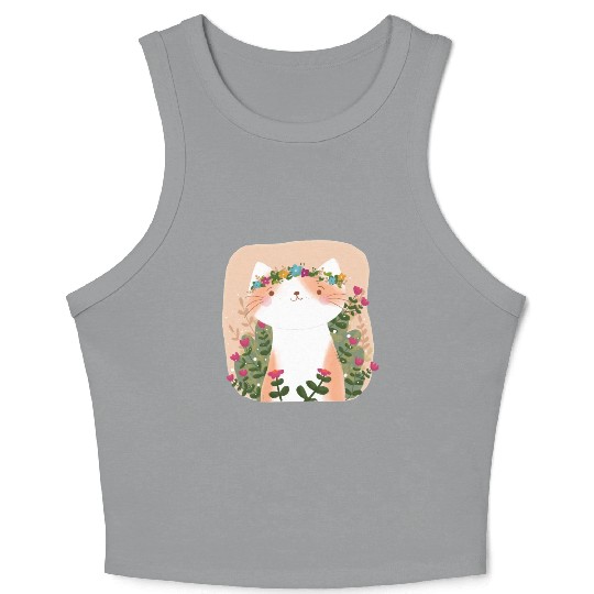 Cute Cat Floral Crop Tank Top