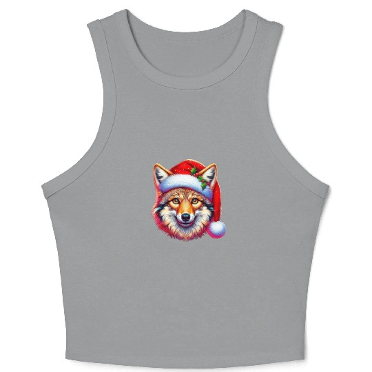 Christmas Coyote Art Red Santa hat Animal Lovers Crop Tank Top
