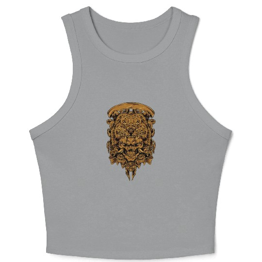 Golden Angry Tiger Tora Skull Tattoo Crop Tank Top