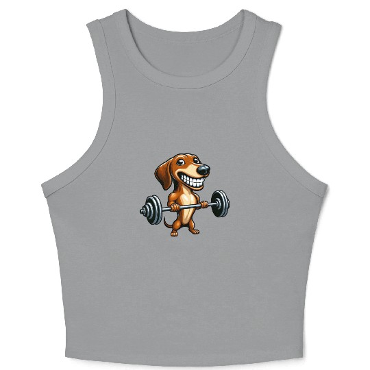 Funny Dachshund with dumbbell dog workout Crop Tank Top