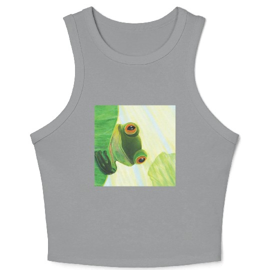 Cute Green Frog Peeping out From Behind Lily Pad Crop Tank Top