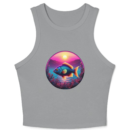 Synthwave Fish and Coral and a Sunset and Ocean Crop Tank Top